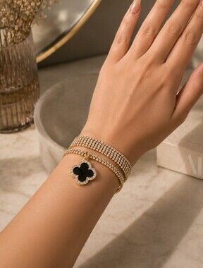 Crystal Pavé Clover Charm Wrap Bracelet | Gold Tone Multi-Row Statement Cuff